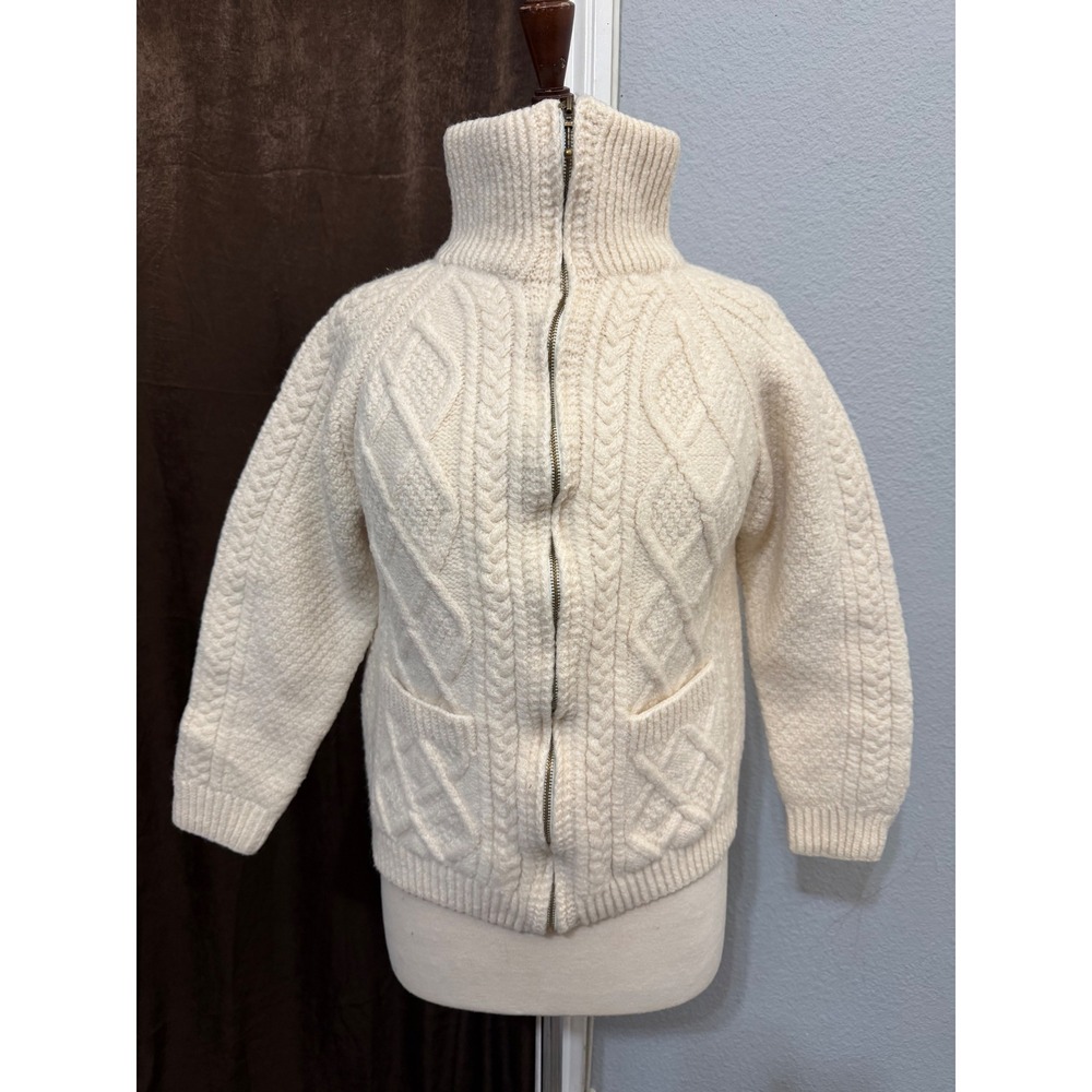 80s Carraig Donn Handknit Merino Wool Aran Zip Cropped Cardigan Sweater Cream M